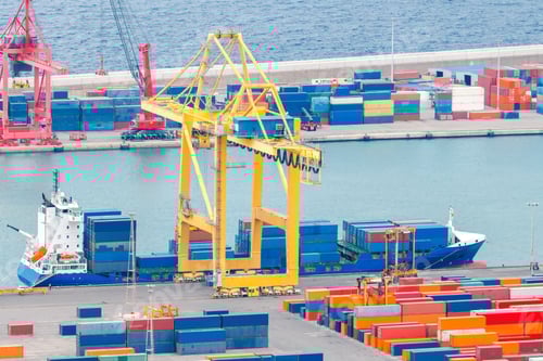 Preview: View Of The Cargo Port And Container Terminal Of Barcelona With The Montjuic Hill.