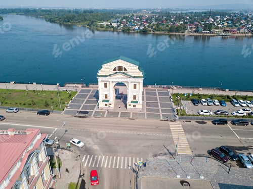 Preview: Russia, Irkutsk. Moscow Gate. Landmark On The Embankment Of The Angara River. Aerial Photo
