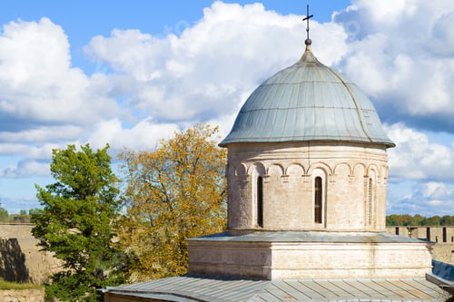 Preview: Dome Of The Medieval Assumption Church Close-Up On A September Afternoon. Ivangorod Fortress, Russia