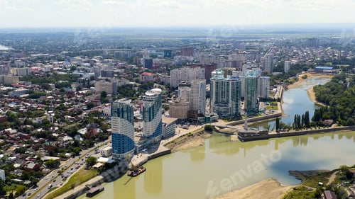 Preview: Krasnodar, Russia. New Residential Buildings On The Kubanskaya Embankment. The Kuban River. Flight