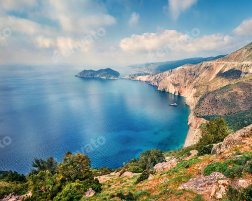 Preview: Aerial Spring View Of Asos Peninsula And Town. Romantic Morning Seascape Of Ionian Sea. Exciting