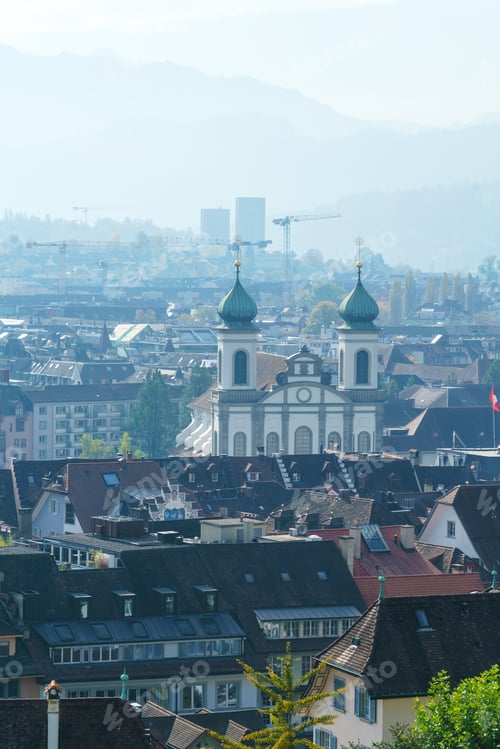Preview: Panoramic View From Tower Of City Wall On City With Jesuit Church, Lucerne, Switzerland