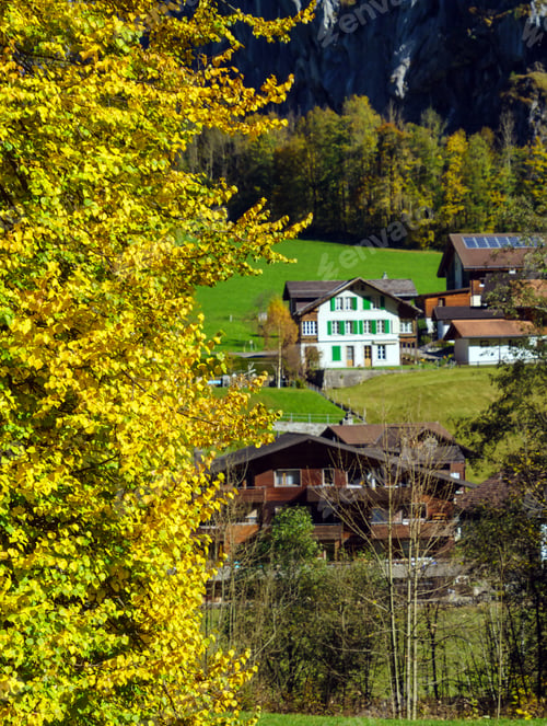 Preview: Traditional Chalets Of Village In Lauterbrunnen Valley At Autumn, Berner Oberland, Switzerland