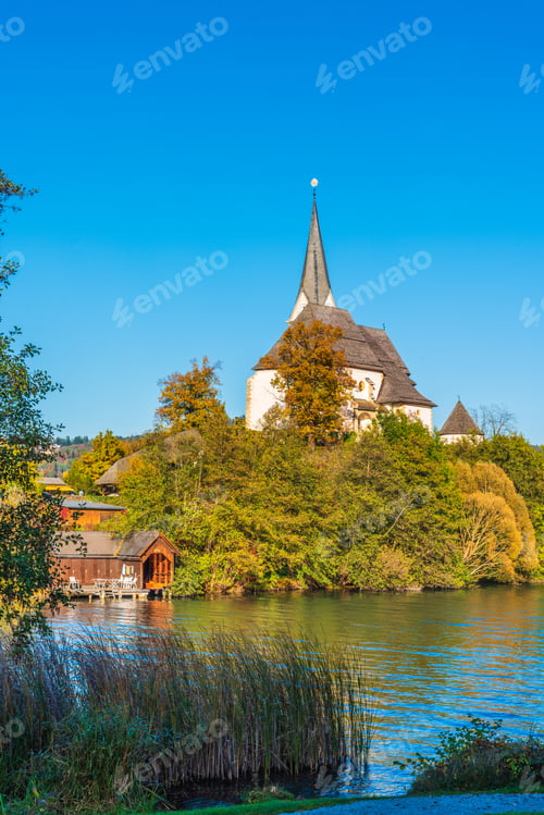 Preview: Magical Gothic Architecture In Austria. Panorama On Lake Worthersee. Maria Worth Church And