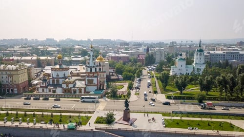 Preview: Russia, Irkutsk. Cathedral Of The Epiphany. Embankment Of The Angara River, Monument To The
