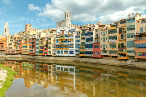Preview: Yellow, Red And Orange Facades Of Houses In Girona And Cathedral. Spain, Catalonia.