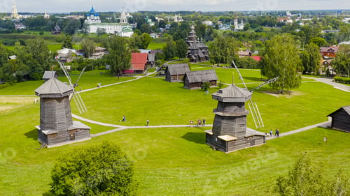 Preview: Suzdal, Russia. Flight. Wooden Windmills Of The 18Th-19Th Centuries, Aerial View