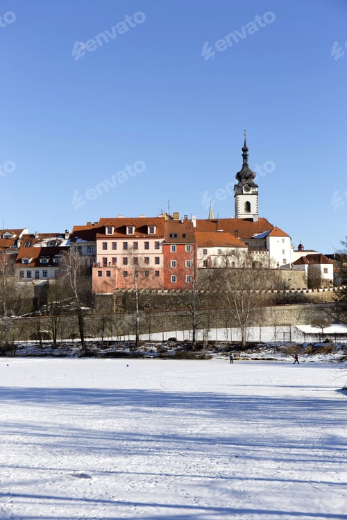Preview: Colorful Royal Snowy Medieval Town Pisek Above The Frozen River Otava, Czech Republic