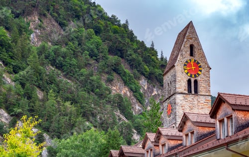 Preview: Scenic View Of The City Rooftops Of The Mountain On A Cloudy Day. Interlaken. Switzerland.