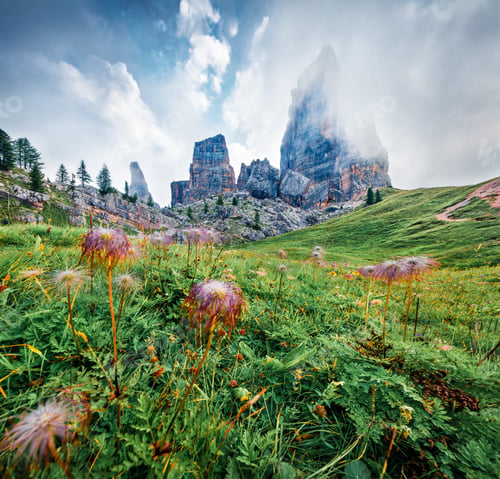 Preview: Misty Morning View Of Cinque Torri Mountain Range. Colorful Summer Scene Of Dolomiti Alps, Cortina