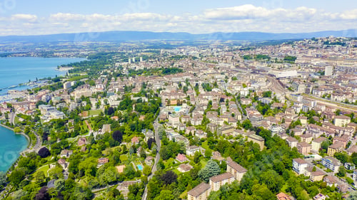 Preview: Lausanne, Switzerland. Flight Over The Central Part Of The City. The Coast Of Lake Geneva, Aerial