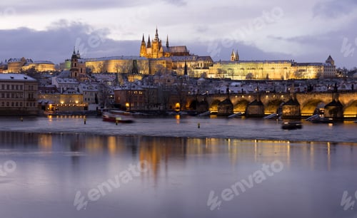 Preview: Evening Colorful Snowy Christmas Prague Lesser Town With Gothic Castle And Charles Bridge, Czech