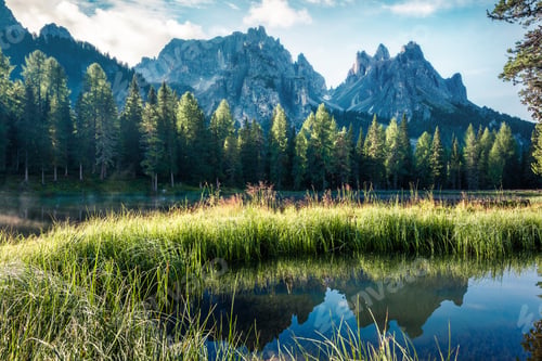 Preview: Sunny Morning Scene Of Antorno Lake. Picturesque Autumn View Of Dolomite Alps, Province Of Belluno
