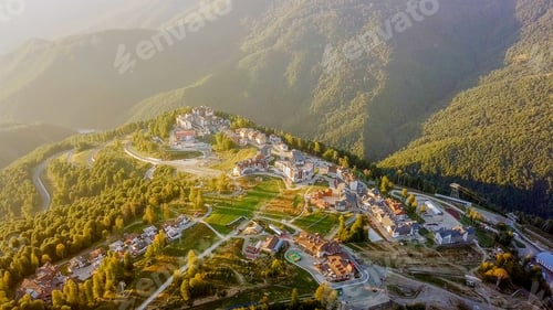 Preview: Rosa Khutor Plateau, Buildings, Slopes And Chair Lifts. Aerial View At Sunset