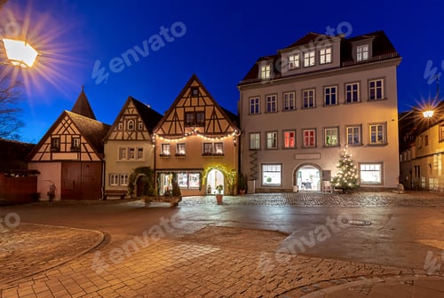 Preview: Old Traditional Medieval Street In Night Illumination. Rothenburg Ob Der Tauber. Bavaria Germany.