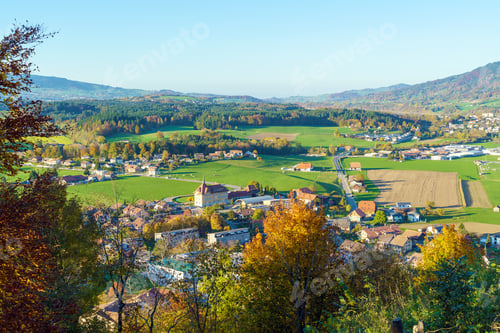 Preview: Aerial View Of A Beautiful Landscape With Traditional Houses, Green Meadows, Hills And Cows Near