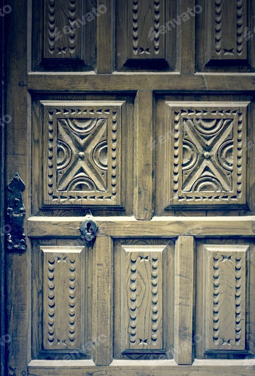 Preview: Hardwood Carved Door With Symbol, Construction And Architecture