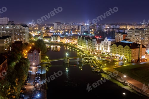 Preview: Night View Of The Center Of Kaliningrad. Jubilee Bridge, Fish Village, Channels Of The Pregolya