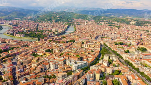 Preview: Verona, Italy. Flying Over The Historic City Center. Roofs Of Houses, Summer, Aerial View