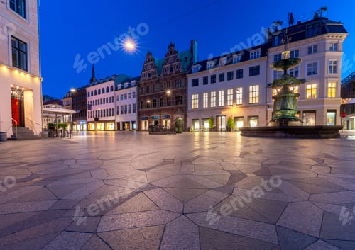 Preview: Square Amagertorv Stork Fountain In Night Lighting At Sunrise. Copenhagen. Denmark.