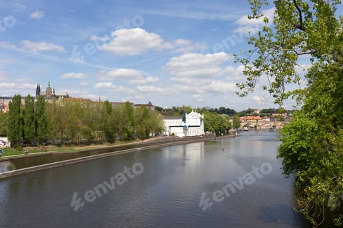 Preview: Spring Green Prague Lesser Town With Gothic Castle Above River Vltava In The Sunny Day, Czech