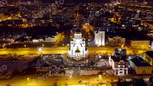 Preview: Ekaterinburg, Russia. Temple On The Blood. Night City In The Early Spring, Aerial View
