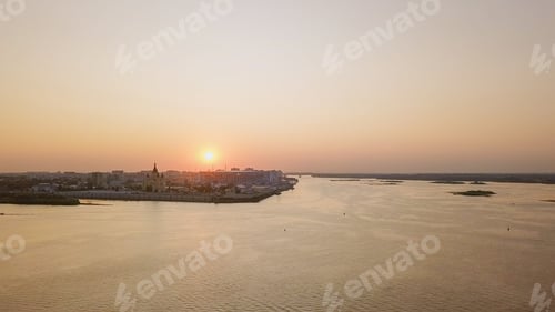 Preview: General View From The Air To Nizhny Novgorod During Sunset. Nizhny Novogorod Stadium In Backlight