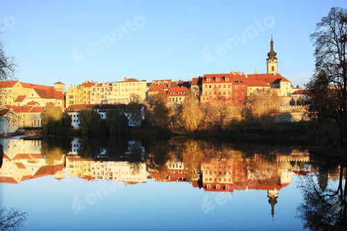 Preview: Colorful Autumn Medieval Town Pisek Above The River Otava With The Gothic Deanery Church, Czech