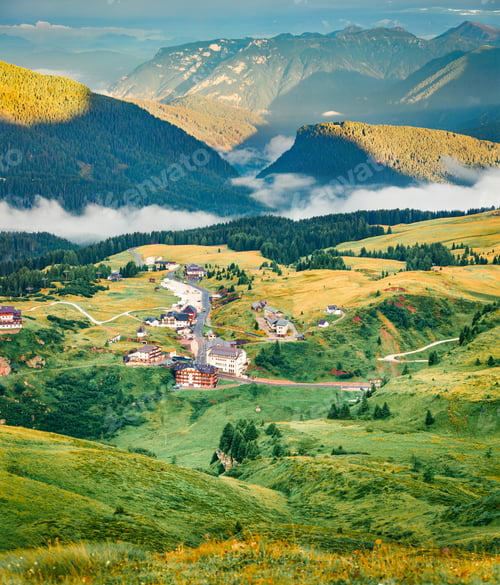 Preview: Aerial Morning View Of The Top Of Rolle Pass. Picturesque Summer Scene Of Dolomites. Foggy