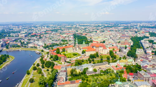 Preview: Krakow, Poland. Wawel Castle. Ships On The Vistula River. View Of The Historic Center, Aerial View