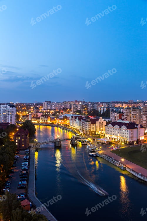 Preview: Night View Of The Center Of Kaliningrad. Jubilee Bridge, Fish Village, Channels Of The Pregolya