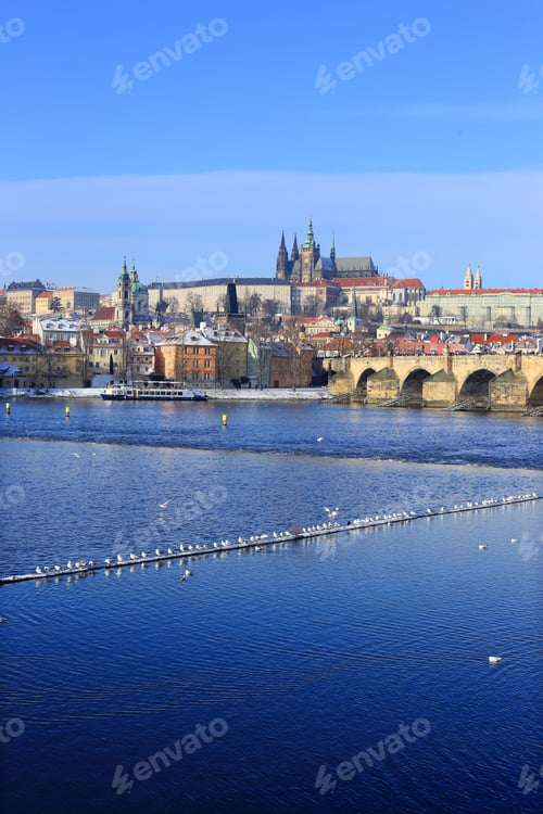 Preview: The Snowy Prague Gothic Castle With The Charles Bridge, Czech Republic