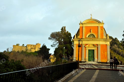Preview: The Church Of San Giorgio In Portofino In Baroque Style On The Left The Brown Castle