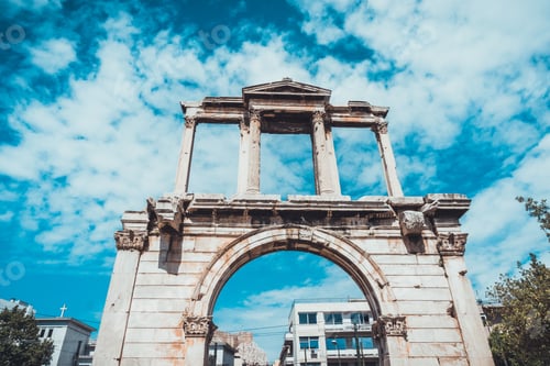 Preview: Low Angle Architectural View Of Ancient Roman Ruins Of Arch Of Hadrian, A Popular Landmark And