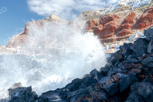 Preview: Big Waves In Water Area The Old Harbor Oia Village.