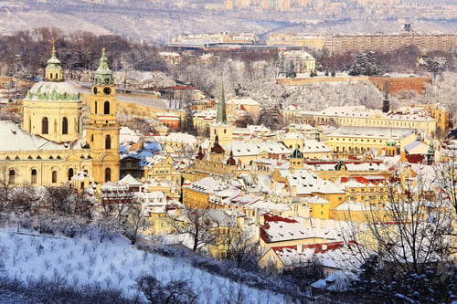Preview: Snowy Prague City With St. Nicholas' Cathedral In The Sunny Day, Czech Republic