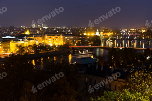 Preview: Night Prague City With Its Cathedrals, Towers And Bridges, Czech Republic
