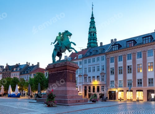 Preview: Hoibro Square In The Night Illumination At Dawn. Copenhagen. Denmark.