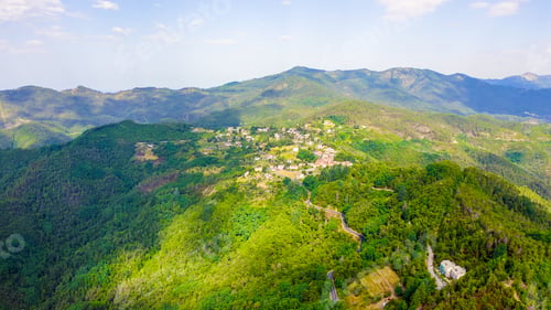 Preview: Mattarana, Italy. Province Of La Spezia. Mountain Wooded Landscape. View From Above, Aerial View