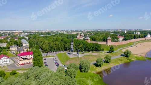 Preview: Veliky Novgorod, Russia. Victory Monument. Novgorod Kremlin (Detinets), Volkhov River, From Drone
