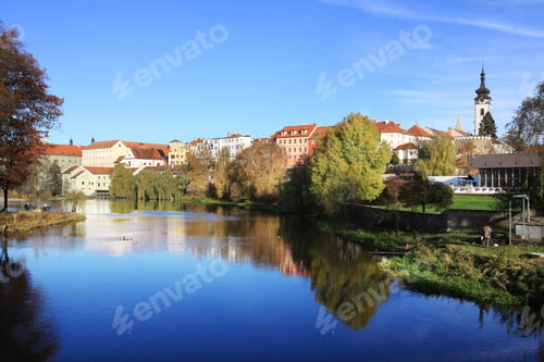 Preview: Colorful Autumn Medieval Town Pisek Above The River Otava With The Gothic Deanery Church, Czech