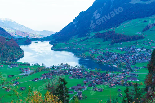 Preview: Valley Of Lake Lungern Or Lungerersee With Traditional Alps Chalets In Obwalden, Switzerland