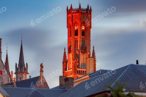 Preview: Brugge. The Tower Belfort On The Sunset.