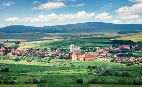 Preview: Picturesque Summer Landscape Of Typical Romanian Village - Petrestii De Jos. Colorful Morning Scene