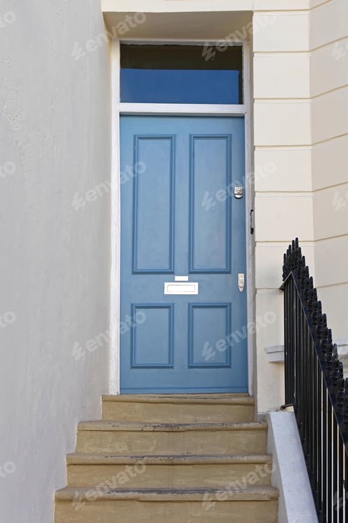 Preview: Stairs To Home Access With Light Blue Door