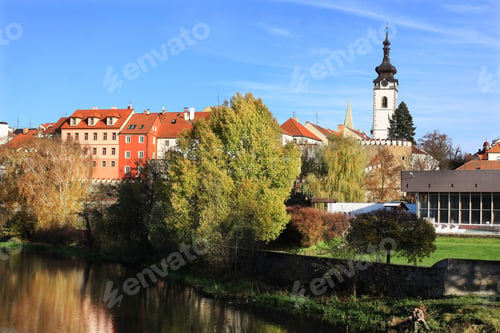 Preview: Colorful Autumn Medieval Town Pisek Above The River Otava With The Gothic Deanery Church, Czech