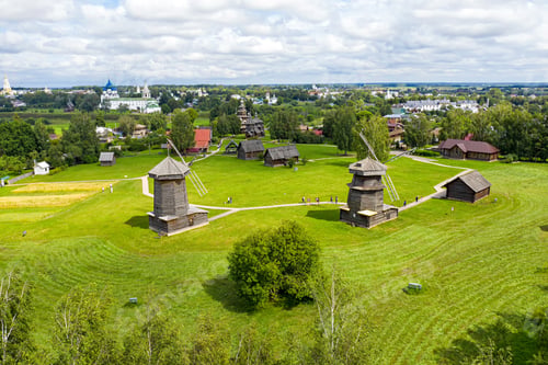 Preview: Suzdal, Russia. Wooden Windmills Of The 18Th-19Th Centuries. Aerial View