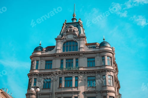 Preview: A Classic, Historic European Building Facade In The Czech Republic With A Blue Sky Background.