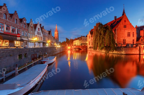Preview: Bruges. City Canal In Night Lighting.