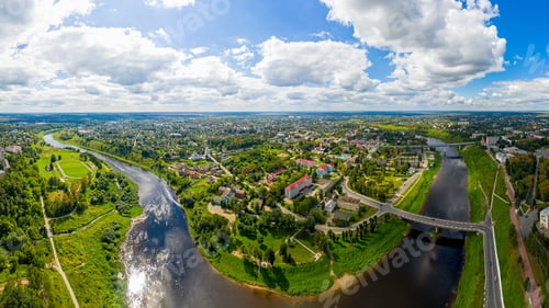 Preview: Rzhev, Russia. City Center Panorama. Aerial View Of The Volga And The Embankment